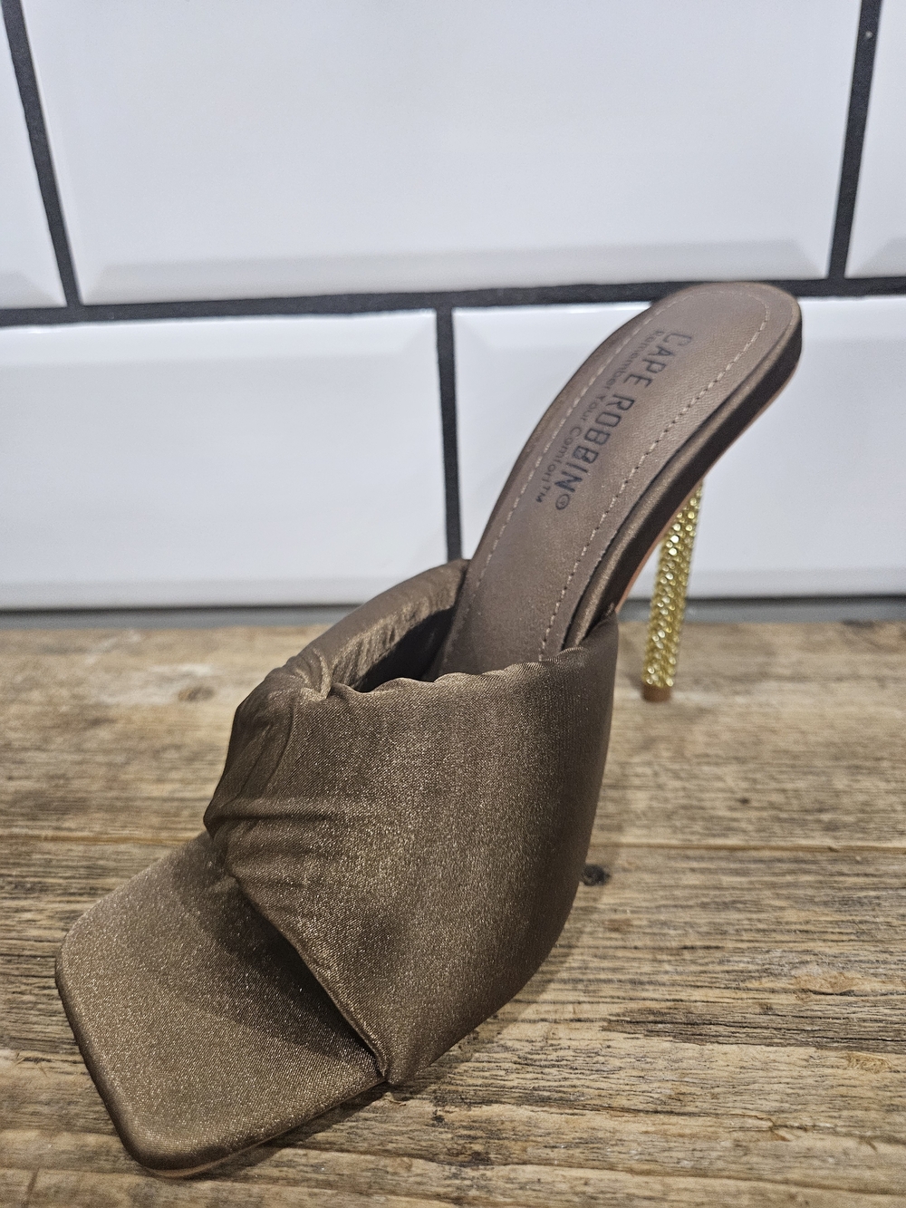 Cape Robbin Brown Satin Knot Mule with Gold Heel